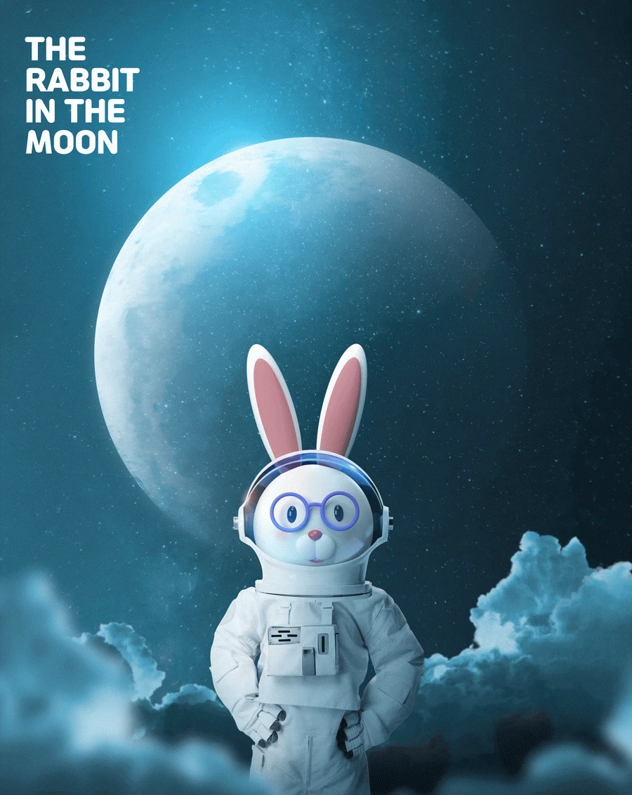 卡通趣味兔年宇航员宇宙星球兔子主视觉KV海报PSD分层设计素材【004】